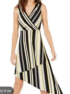 INC International Concepts Black White Yellow Striped High-Low Dress
